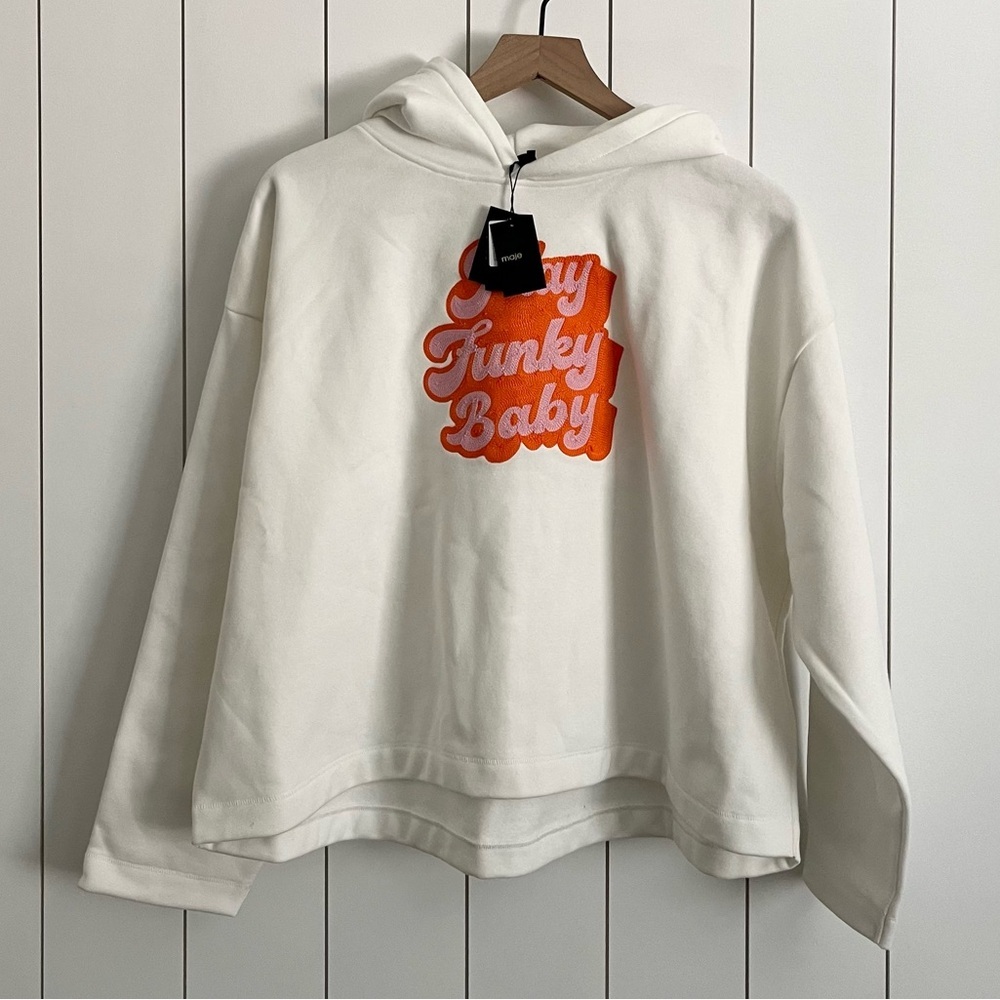 Maje Cream Pullover Hoodie with Orange and Pink Logo
